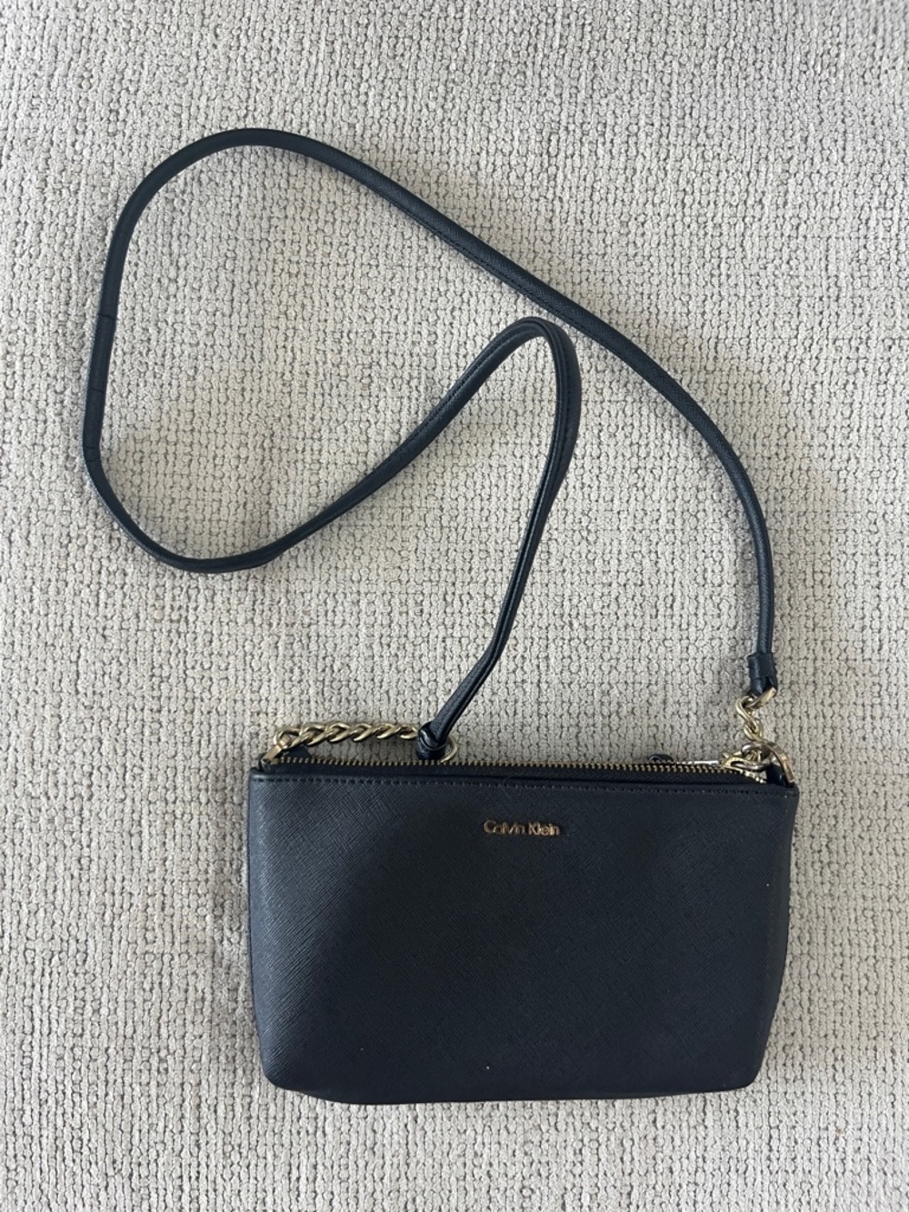 Calvin Klein Black Saffiano Leather Crossbody with Gold Hardware